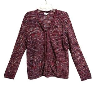 J. Jill Womens Old Money Tweed Sweater Blazer M Burgundy Knit Preppy Academia